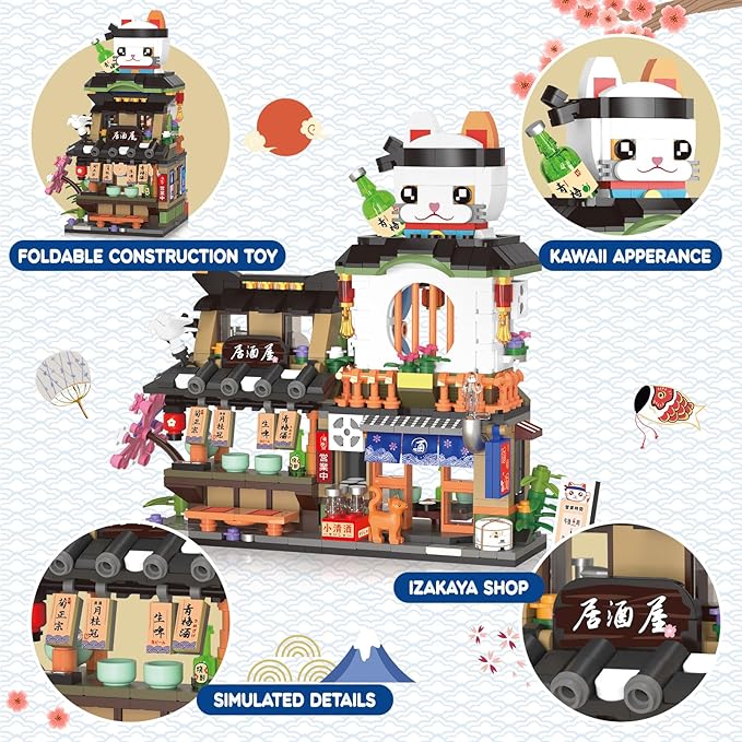 809 PCS Japanese Street View Izakaya Building Blocks – Foldable MOC Sakura Dining Bar Model Kit, Mini Bricks Gift for Adults Kids Girls 6-12 (Not Lego Compatible)
