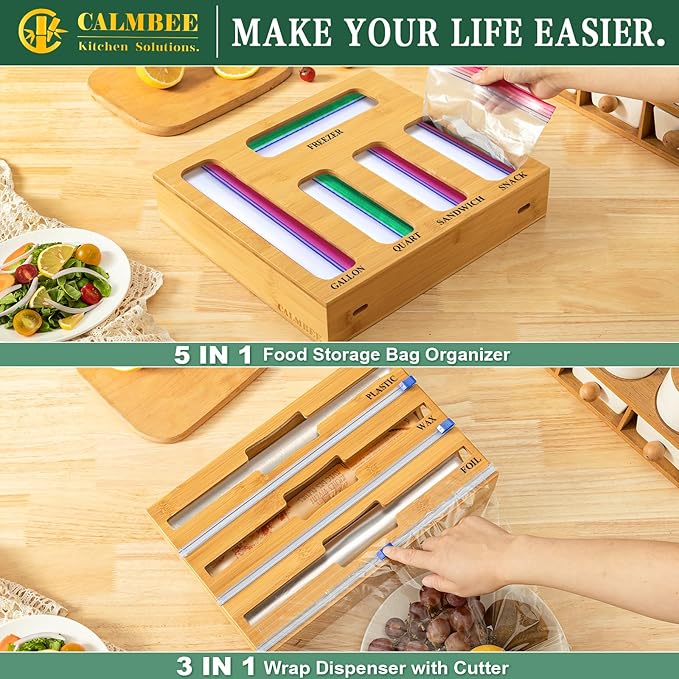 Calmbee 9 IN 1 Storage Bag Organizer for Kitchen Drawer, Bamboo Foil and Plastic Wrap with Cutter, Organizers Compatible Gallon, Quart, Sandwich Snack Size