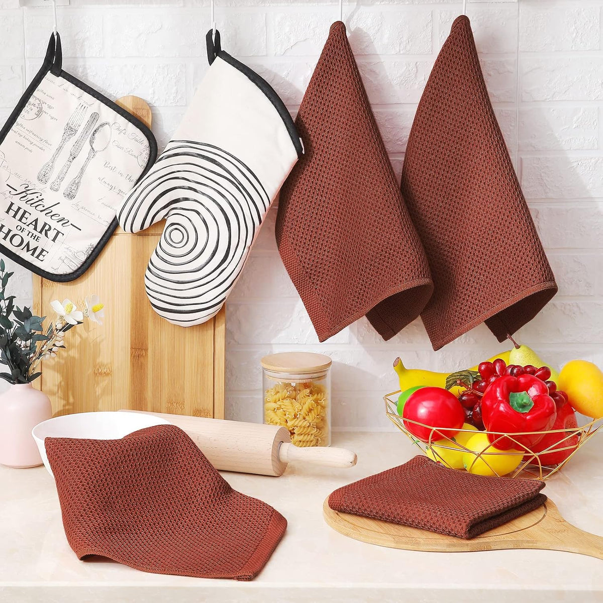 Homaxy 100% Cotton Waffle Weave Kitchen Dish Cloths, Ultra Soft Absorbent Quick Drying Dish Towels, 12 x 12 Inches, 8-Pack, Rust