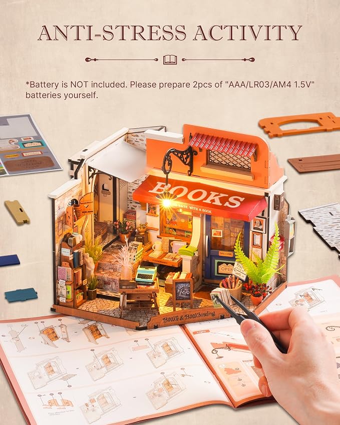 Rolife DIY Miniature House Kit 1:20 Scale Bookstore, Build Mini House Building Kit with LED Lights Craft Kits for Aduls Gifts for Him Her