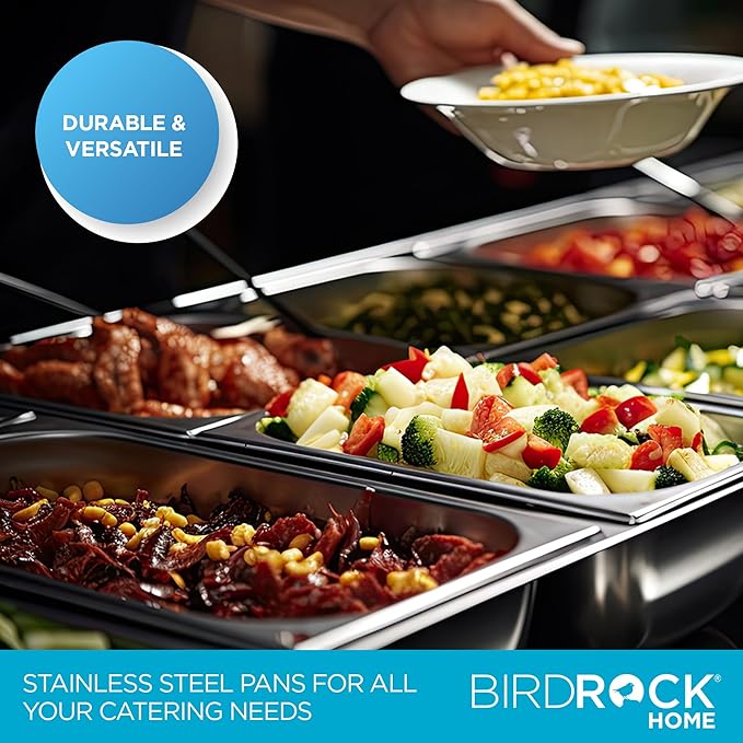 BIRDROCK HOME Stainless Steel Steam Table Pan - Hotel, Restaurant & Catering Supplies - 24 Gauge Steel, 4.1 qt Capacity - Meal Prep, Cooking, &Food Storage Container - 4" Depth, 1/3-Size (6 Pack)
