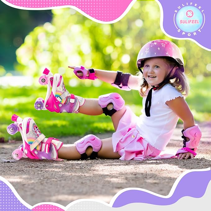 SULIFEEL Rainbow Unicorn 4 Size Adjustable Roller Skates for Girls Boys for Kids Ages 3-5 5-8 6-12 Children Skates Indoor Outdoor