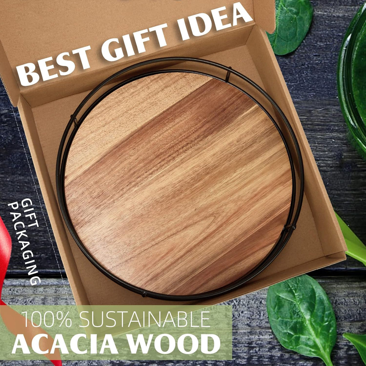 10" Acacia Wood Lazy Susan Turntable, Tomoaza Kitchen Organizer Turntable with Steel Sides, 360 Degree Lazy Susan for Countertop Cabinet or Dining Table (Black)