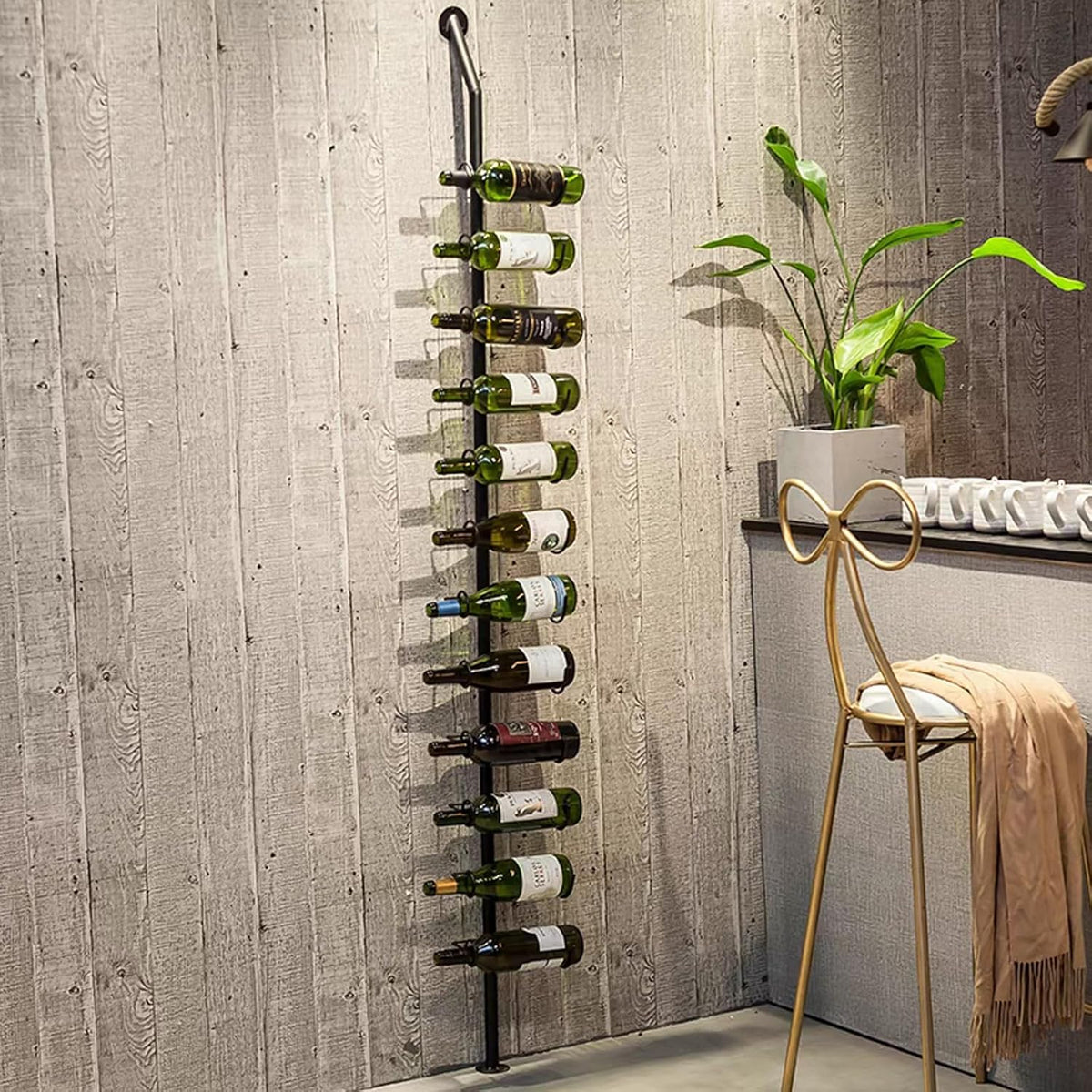 Wine Rack Wall Mounted, 72.8in High Metal Wine Bottle Holder for 12 Bottles, Kitchen Organization and Wine Storage for Commercial Restaurants Pantry Bar Wine Cellar (Black, One row-12 Bottles)