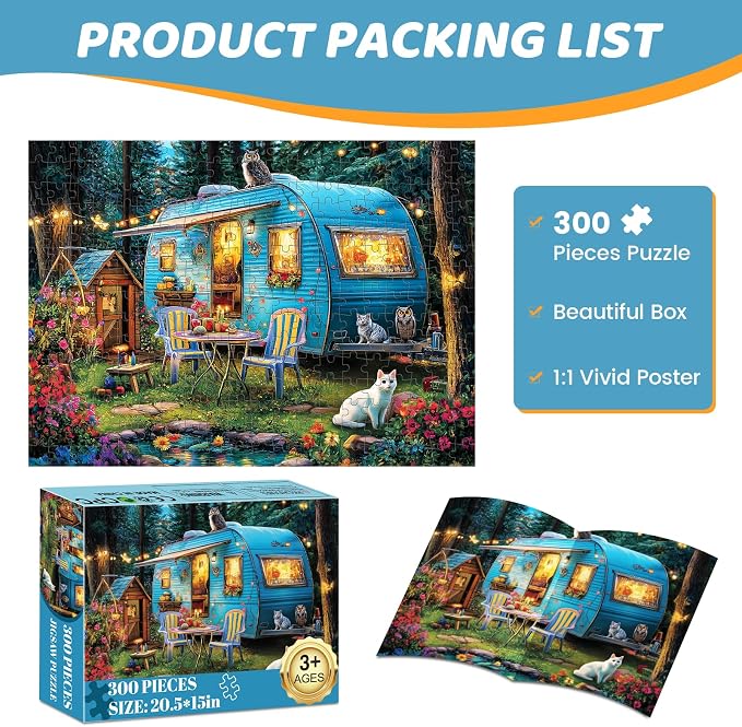 300 Pieces Puzzles for Adults | Camper Cat Jigsaw Puzzles | Large 300 Piece Puzzle for Children Adults Seniors | Sturdy,Safe | Engaging & Educational Toys Great Gift for Boys Girls 20.5 x 15 in