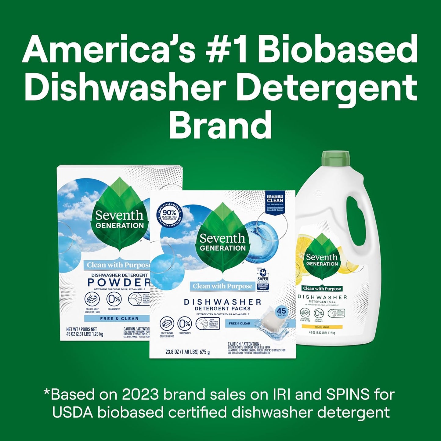 Seventh Generation Dishwasher Detergent Packs Free & Clear Pack of 5 for sparkling dishes Dishwasher tabs 45 count
