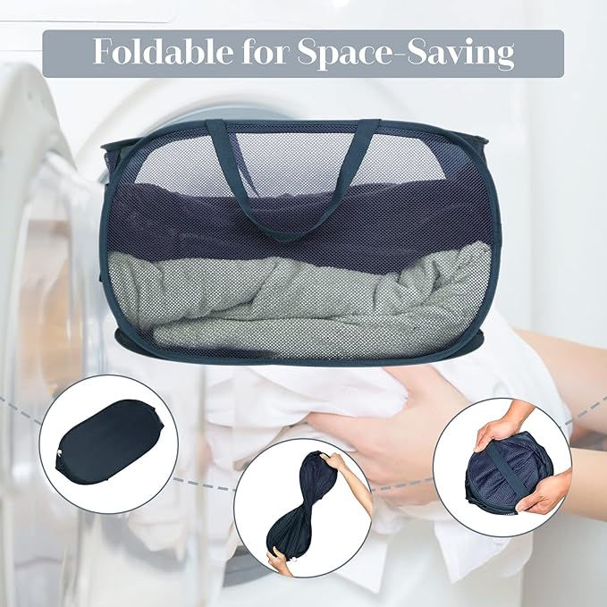 4 Pack Collapsible Laundry Baskets, Foldable Laundry Basket with Pocket, Durable Pop Up Hampers, Reinforced Handles Dirty Clothes Hamper for Laundry, Bedroom, Bathroom, Dorm, Travel or Camping Navy