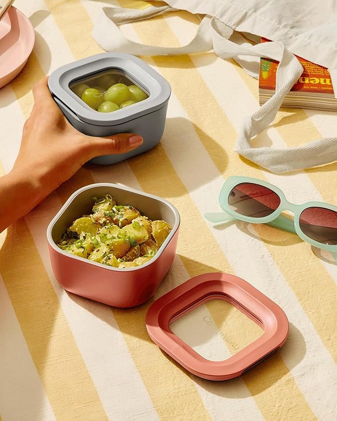 Caraway 2pc Glass Food Storage Set - 1.75 Cup Food Containers (2) - Non-Toxic Ceramic-Coated Glass - Air Release Technology - Compact & Stackable Design - Perracotta