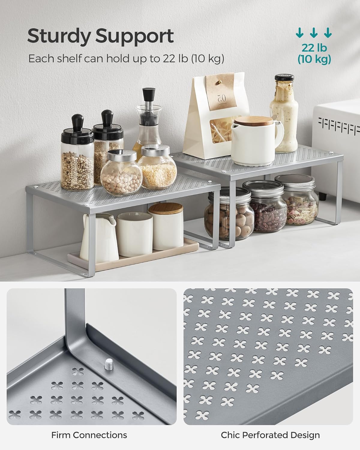 SONGMICS Spice Racks, Set of 4 Metal Cabinet Shelf Organizers, Countertop Organizers, Shelf Risers, Stackable, Expandable, Silver UKCS006S01