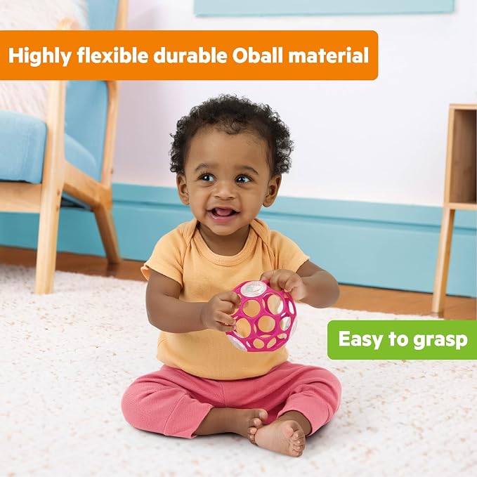 Bright Starts Oball Easy-Grasp Baby Rattle Ball, Pink, Ages Newborn and Up, 4 Inches