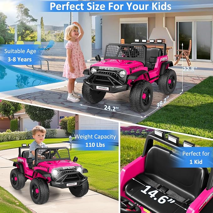 Hikole 24V Electric Car for Kids Ages 4-8 w/Parent Remote, Battery Powered Truck Toys for Toddler Boys Girls, Spring Suspension, Safety Belt, Music Player, 3 Speeds, Bright LED Light, Pink