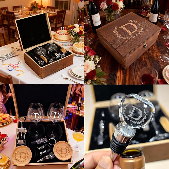 GZLDGIFTS Personalized Initial Wine Glasses Box Gift Set For Women Mom Engraved Birthday Monogrammed Wooden Christmas Gifts Wedding Anniversary Wine Couples Stopper Opener Initial Letterr (T Set)