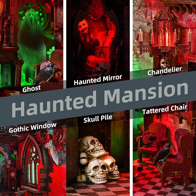 fifijoy Haunted Horror Book Nook Kit, DIY Miniature Dollhouse Halloween Booknook Kit, Spooky Creepy Scary 3D Wooden Puzzle Bookend Bookshelf Insert Decor with LED Light (Haunted Mansion)