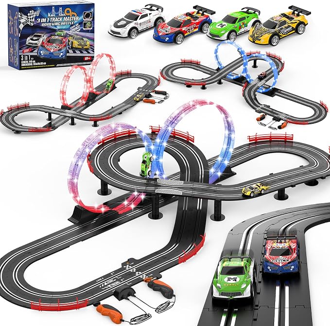 3 IN 1 Slot Car Race Track Sets with 4 High Speed Slot Cars, Electric Race Car Track Include Circular Overpass Flash Tracks, 1:43 Remote Control Track Car Game Toys Gifts for Adults Boys Ages 6 7 8-12