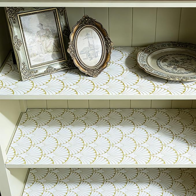 Shelf Liners Non Adhesive Gold Background White Fan-Shaped Pattern - Thickened Non-Slip Easy to Clean Drawer Liner for Kitchen Cabinets, Tool Box,Refrigerator,with Knife & Tape Measure,17in x 30FT.