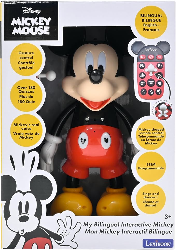LEXiBOOK - Disney - Bilingual Mickey Robot - English/Spanish, 100 Educational quizzes, Light Effects, Dance, programmable, Articulated, Black/red - MCH01i2