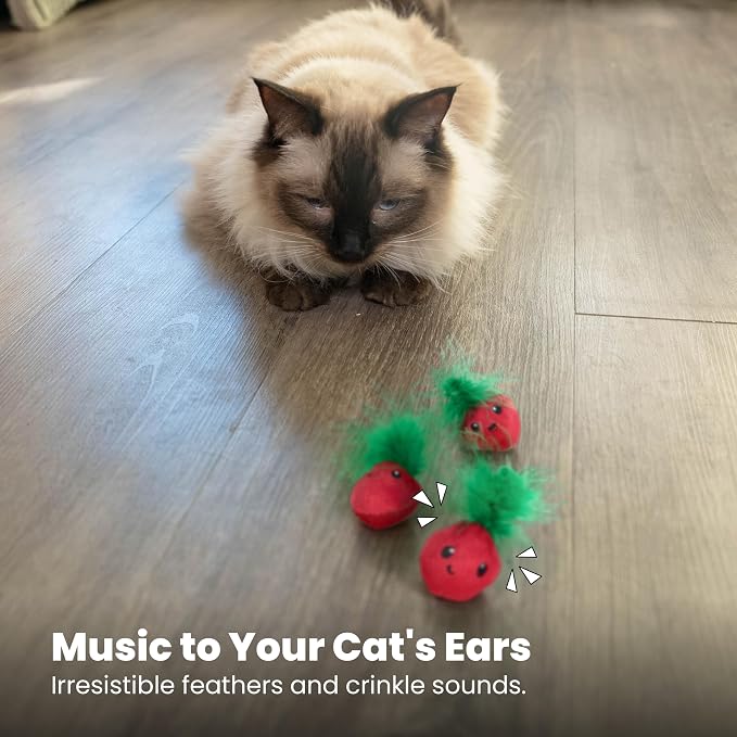 Catstages Strawbabies 3-Pack Catnip Cat Toys for Dental Health, Feather & Crinkle Teething Toys for Kittens and Indoor Cats, Interactive Play, Pink