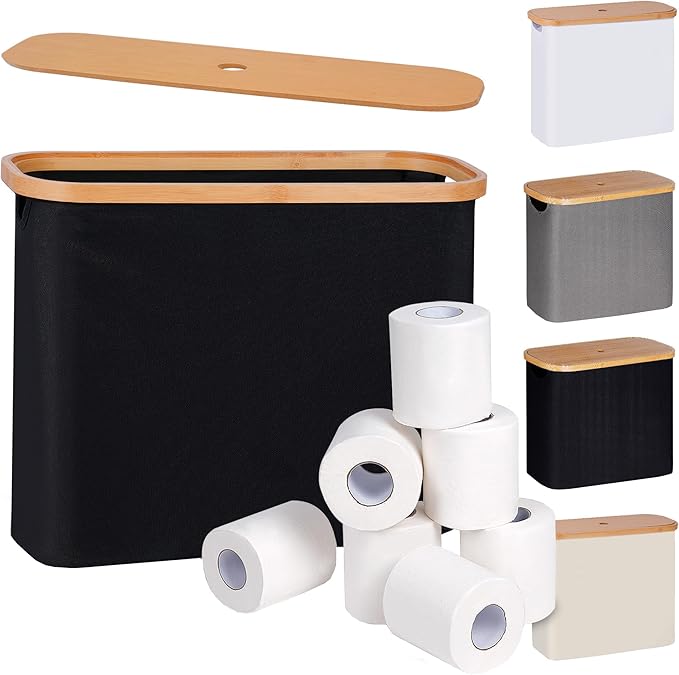 efluky Toilet Paper Storage, Toilet Paper Basket with Lid, Bathroom Storage Organizer, Free Standing Holder Up to 9 Mega Rolls, Black