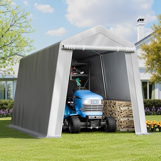 VEVOR Outdoor Storage Shed, 7 x 12 ft Portable Storage Tent with Roll-up Door & Vents, Waterproof Canopy Shed Shelter, Heavy Duty Frame, Patio Garage Carport for Motorcycle, Lawn Mower, Bike, Grey