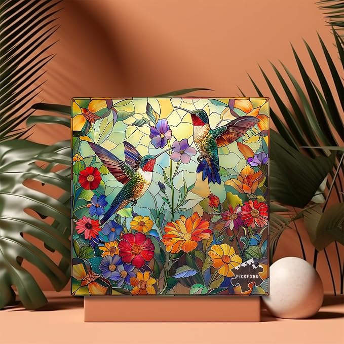 Stained Glass Puzzles for Adults 1000 Pieces, PICKFORU Colorful Flower Hummingbird Jigsaw Puzzles, Mosaic Bird Puzzles as Home Decor