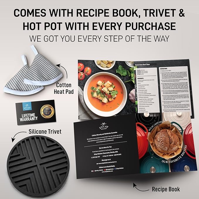 Zulay Kitchen 6 Quart Enameled Cast Iron Dutch Oven Pot with Lid – Premium Durability & Oven Safe up to 500°F – Heavy Duty Cookware Perfect for Bread Baking, Stews, Braising & Roasting – Gray