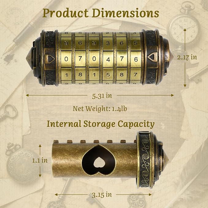 wellsee Da Vinci Code Mini Numbers Cryptex Brainteaser Puzzle Box,Metal Password Lock Cash Box with Hidden Compartment for Money,Challenge Game for Ages 12+ and Up,Unique Xmas Gifts for Her&Him,Bronze