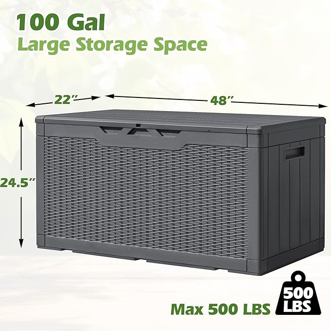 Greesum 100 Gallon Resin Deck Box Large Outdoor Storage, Imitation Rattan Weave Texture for Patio Furniture, Garden Tools, Pool Supplies, Weatherproof and UV Resistant, Lockable, Gray