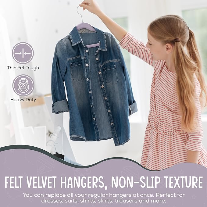 50 Premium Kids Velvet Hangers - 14'' Non-Slip, Ultra-Slim & Space-Saving Hangers - 360° Swivel Hook, Strong & Durable for Children & Preteens - Purple