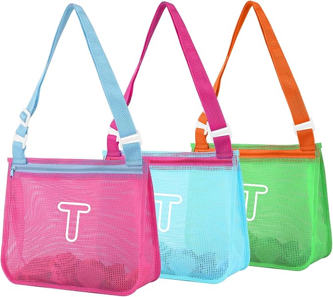 3Pcs Personalized Kids Beach Shell Bag, Initial Seashell Mesh Zipper Beach Pouch, Shell Collecting Bag for Holding Shells with Adjustable Straps, Sand Toys Swim Pouch Gift for Girl Boy Teens(Letter T)