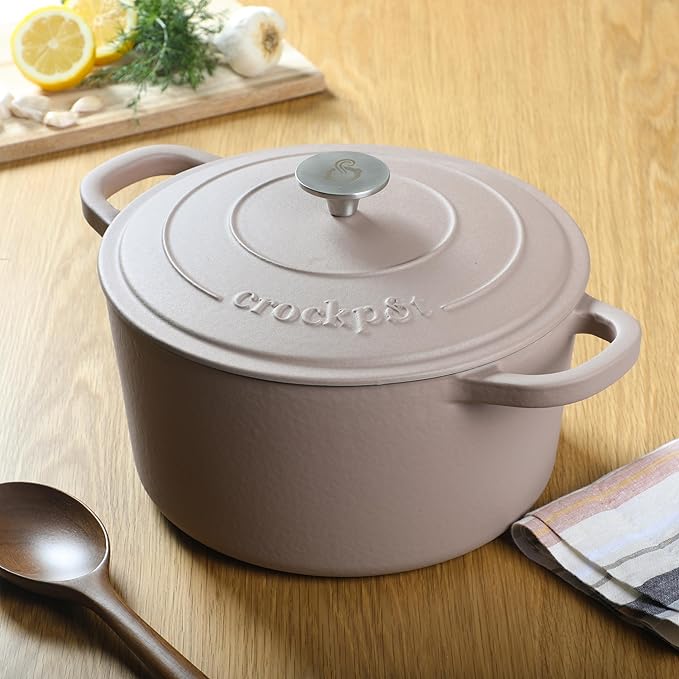 Crock Pot Artisan 7-Quart European Enameled Round Cast Iron Dutch Oven Pot With Lid - Matte Dusty Pink