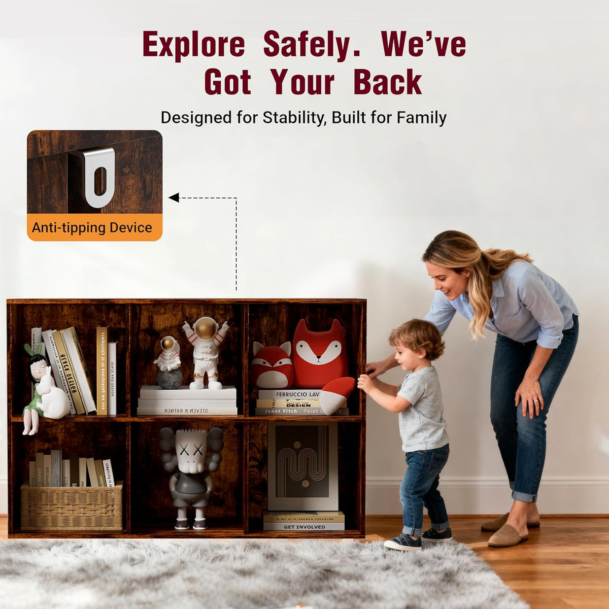 Book Shelf, Wooden Cube Storage Organizer with 11" Open Cubes, Stackable Bookcase for Room Divider Storage, 2 Tier Bookshelf for Living Room, Bedroom, Office (Indonesian Antique Oak, 6-Cube)