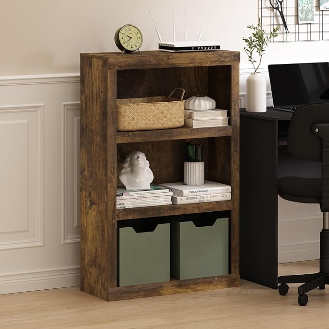 Furinno Rail 3-Tier Open Shelf Bookcase with Classic Style Edges, Amber Pine