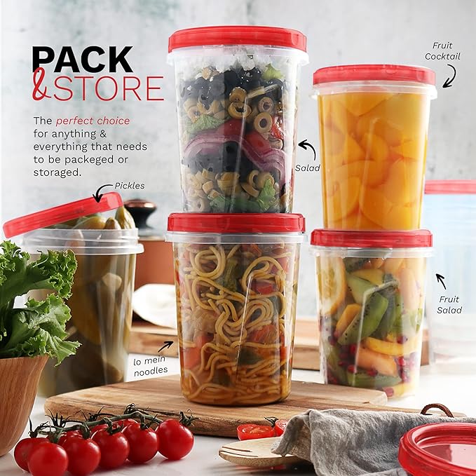 Freezer Containers for Food [32 Oz - 10 Pack] Freezer Storage Containers with Twist Top Lids | Reusable Plastic Soup Containers with Lids | Quart Containers with Screw on Covers | Leakproof, BPA Free