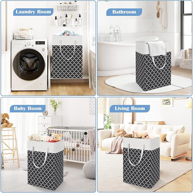 BlissTotes 3-Pack Laundry Basket, Freestanding＆Waterproof Laundry Hamper, Collapsible Tall Clothes Hamper with Easy Carry Handles for Clothes, Towels in the Family and Dorm,Clover Black,100L