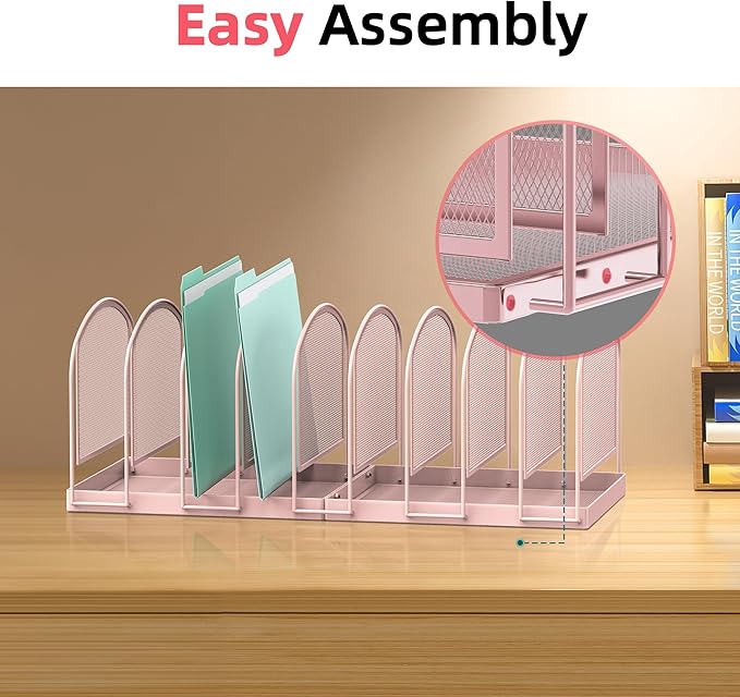 SUPEASY File Organizer 9-Section Mesh Desk Organizer, Upright File Organizer Desktop Organizer File Sorter, File Folder Holder for Office Supplies, Pink