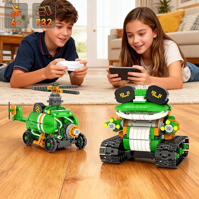 STEM Robot Building Toys for Kids 6-12, 5in1 App & Remote Control STEM Tractor Frog Robot Building Kits, 732PCS DIY Educational Construction Building Block Set for Kid, Erector Set Gift for Boys Girls