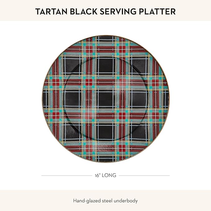 MACKENZIE-CHILDS Enamel Serving Platter, Decorative Serving Platter for Food, 16 Inches, Black Tartan