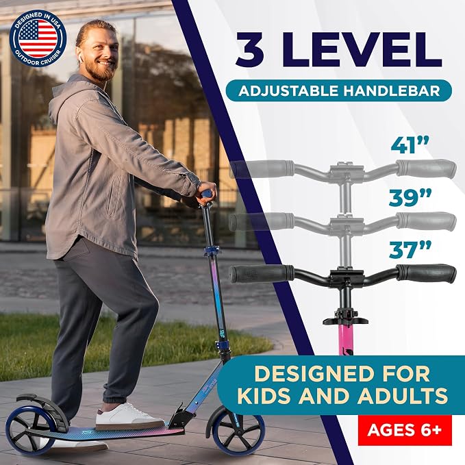 Outdoor Cruiser Kick Scooter for Ages 6+, for Kids, Teens, and Adults, Max Load 250 LBS, Foldable, 8-inch Wheels for Kids and Adults, Dual Suspension, 3 Adjustable Levels, Child Safety Approved, Pink