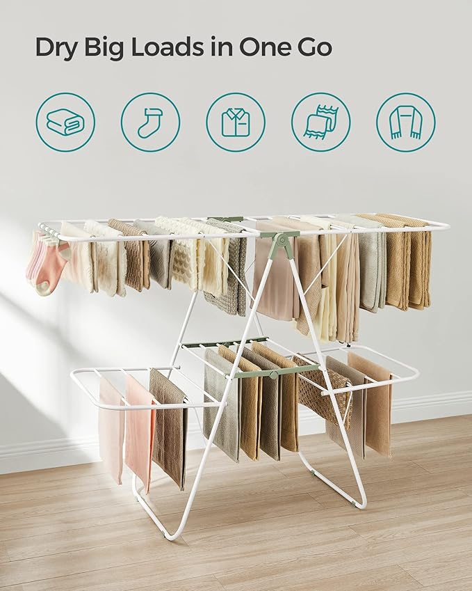 SONGMICS Clothes Drying Rack, Foldable 2-Level Laundry Drying Rack, Free-Standing Laundry Airer, with Height-Adjustable Wings, 33 Drying Rails, Sock Clips, White and Green ULLR053C01V1