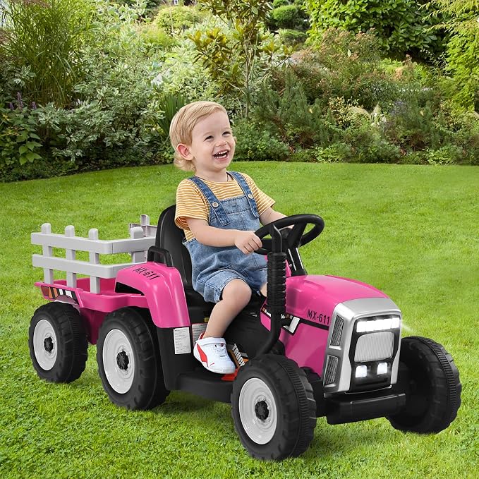 HONEY JOY Ride On Tractor with Trailer, Toddler 3-Gear-Shift Ground Loader, LED Lights, Horn, Music, 12V Battery Powered Electric Toy Tractor with Remote Control (Pink)