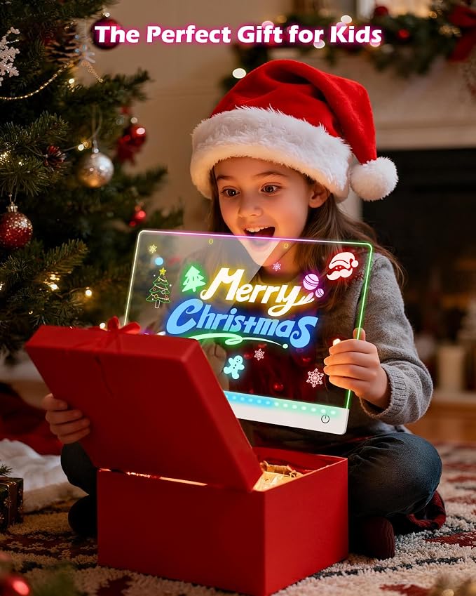 LED Drawing Board for Kids - 17" Flicker-Free Glow Doodle Drawing Pad with 11-Color Light Modes, Soft Light Dry Erase Note Board with Stand, Hanging Chain, 12 Markers, Gifts for Kids (2 PCS)