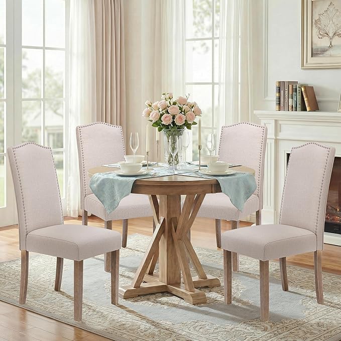 Upholstered Dining Chair Modern Stylish Parsons Kitchen Diner High Back with Silver Nailhead Trim & Wood Legs, Set of 2, Fabric Beige