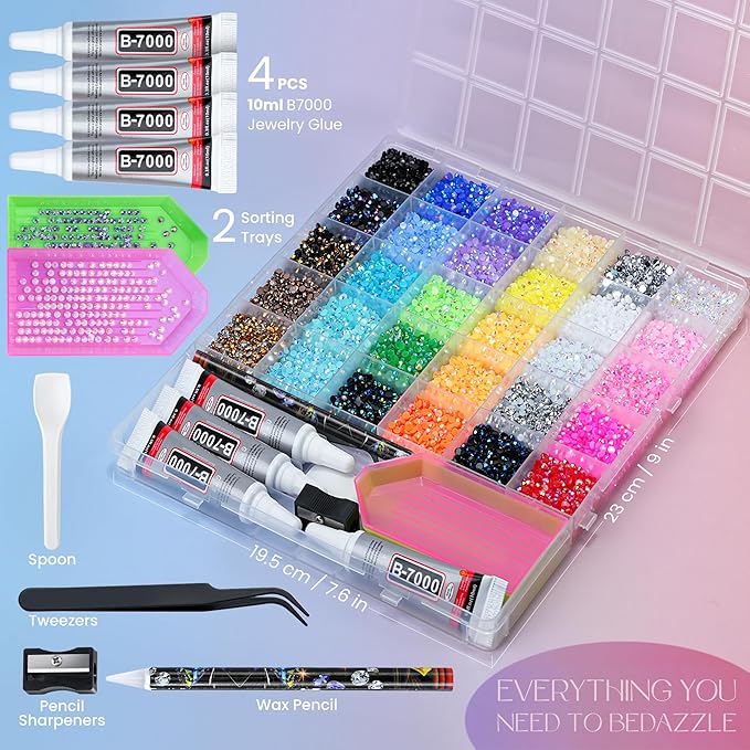 40000 Pcs Resin Jelly Rhinestones Kit, 30 Colors 3mm Flatback Rhinestones with 4 Pcs B7000 Jewelry Glue & Tools, All-in-One Bedazzling Kit for DIY Arts & Crafts Gifts