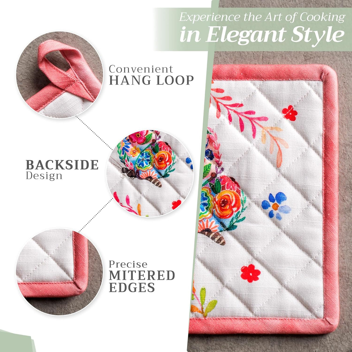 Maison d' Hermine Pot Holders 100% Cotton Heat Resistant Potholders 8" x 8" Hot Pads with Loop BBQ, Cooking, Grilling, Kitchen, Handling Hot Pans Spring/Summer (Pack of 1, Happy Florals - High Summer)