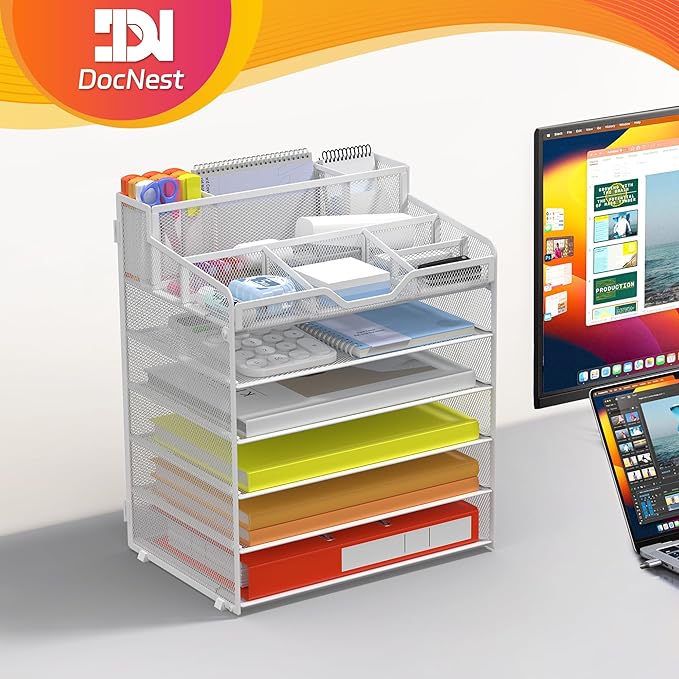 Docnest 6 Tier Mesh Desk Organizer for Paper Office Supplies – Multi-Functional Letter Tray with 5 Adjustable Compartments, 3 Pen Holders, Desktop Storage for Files, Mail, Stationery – White