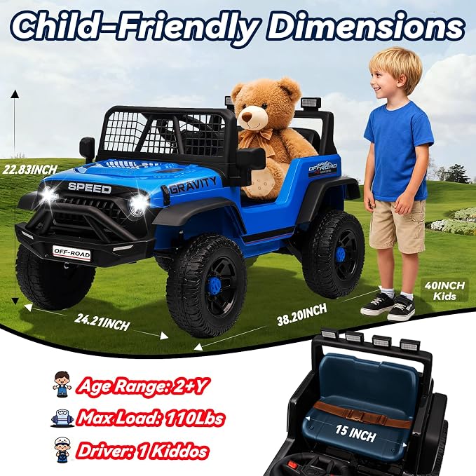 24V Ride on Toys w/Remote Control, 4WD Kids Ride on Truck Car, 3 Speed, Bluetooth Music, Wide Seat, Spring Suspension, LED Light, Birthday for Boys Girls Toddler (BrightBlue)