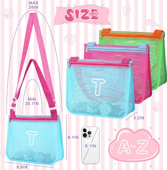 3Pcs Personalized Kids Beach Shell Bag, Initial Seashell Mesh Zipper Beach Pouch, Shell Collecting Bag for Holding Shells with Adjustable Straps, Sand Toys Swim Pouch Gift for Girl Boy Teens(Letter T)