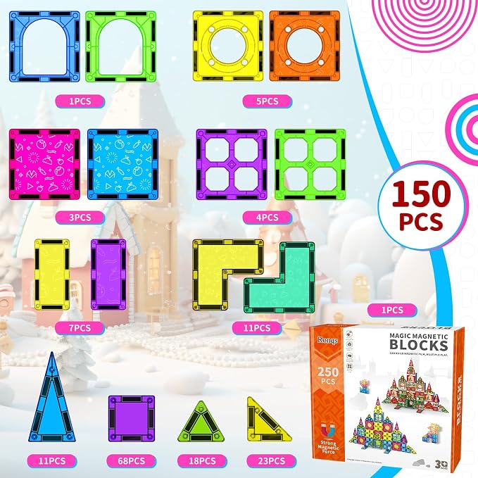 250 PCS 3D STEM Educational Magnetic Tiles for Kids Magnetic Blocks for Kids Magnetic Building Blocks Set