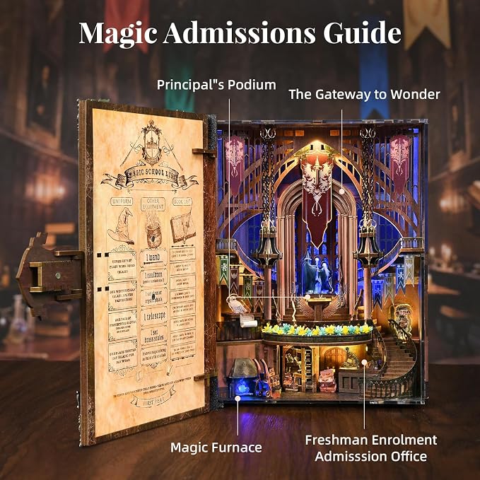 CCCDF Magic Book Nook Kit - DIY Miniature House Dollhouse Kit for Adults, Booknook Tiny House Bookshelf Decor 3D Wooden Puzzle, Gifts for Family, Friends (Magic Admissions Guide)