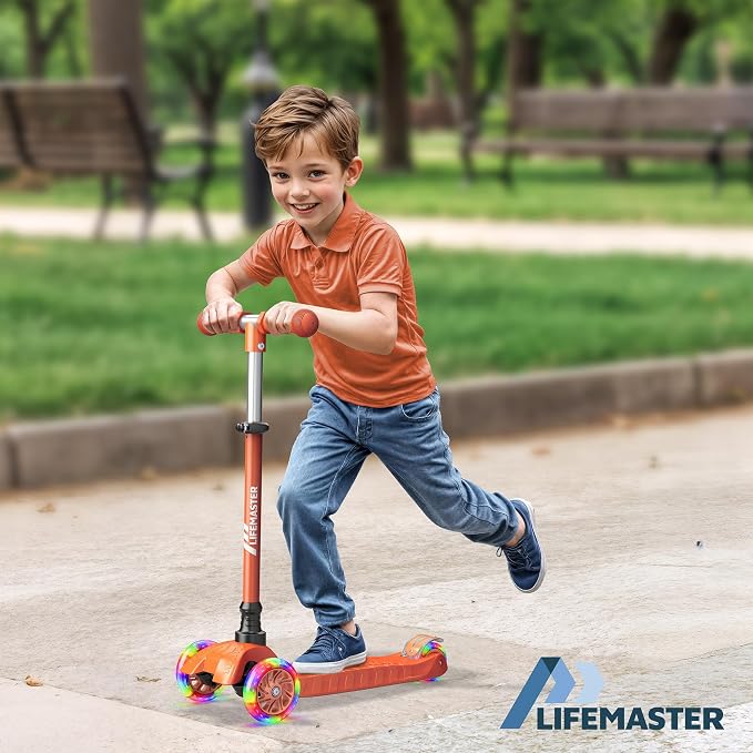 Lifemaster Mini 3-Wheel Kids Scooter with Multi-Color Wheel Lights – 4-Height Adjustable Handlebar, Wide Anti-Slip Deck, Child Safety Certified, Boys & Girls Ages 2+ Supports Up to 110 lbs